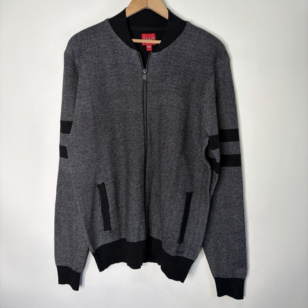 Guess Sweater Full Zip Up Dark Gray Black Striped Sleeve Men Size L EUC